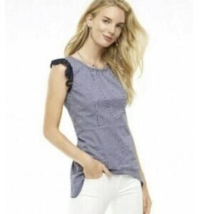 CAbi‎ Crochet Flutter Sleeve Top Seersucker Blue White Striped #5727 Sz S